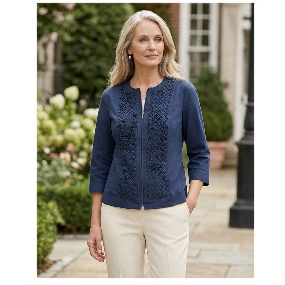 Coldwater Creek 18W Navy Blue Basketweave‎ Textured Zip Front Jacket 1X